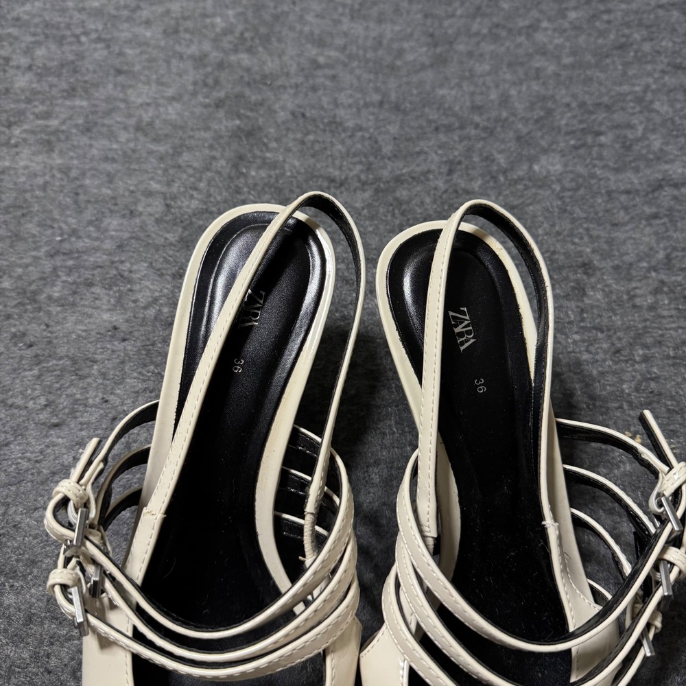 Zara Women Cream Patent Multi Buckle Strap Pointed Toe Slingback Kitten Heels 36 - Picture 3 of 7